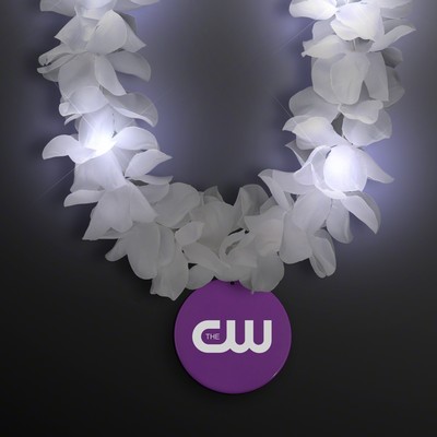 Light Up White Flower Lei with Purple Medallion - Domestic Print