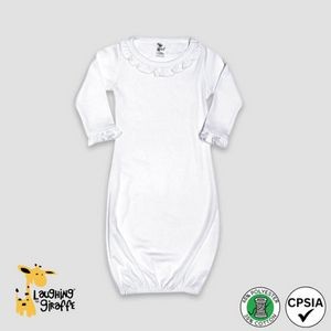 Baby Ruffle Trim Sleep Gown Elastic Bottom White 65% Polyester 35% Cotton- Laughing Giraffe