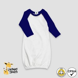 Baby Raglan Sleep Gown w/Mittens White/Navy Premium 100% Cotton- Laughing Giraffe