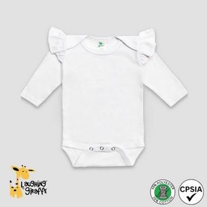 Baby L/S White Bodysuit w/Flutter Sleeves 65% Polyester 35% Cotton- Laughing Giraffe®