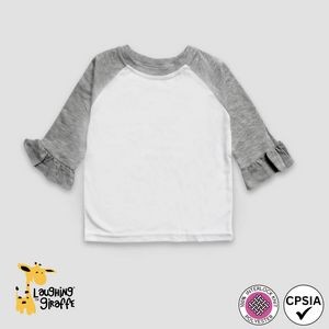 Girls Raglan T-Shirts with Ruffle Sleeve - White/Heather Gray - 100% Polyester - Laughing Giraffe®