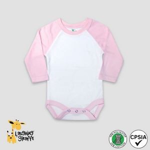 Baby 3/4 Sleeve Raglan Bodysuit White/Pink 65% Polyester 35% Cotton- Laughing Giraffe