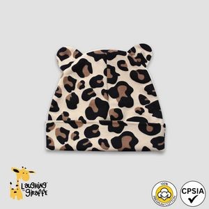 Baby Beanie Hats w/Bear Ears Leopard Print Premium 100% Cotton- Laughing Giraffe