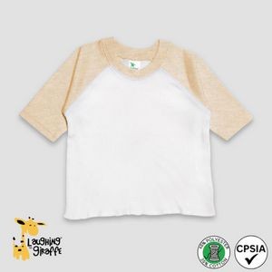 Baby Raglan T-Shirts - White w/Oatmeal Sleeves - 65% Polyester / 35% Cotton - The Laughing Giraffe