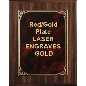 Classic Walnut Plaque 6" x 8" - Red/Gold - 3-7/8" x 5-7/8" Hi-Relief Plate