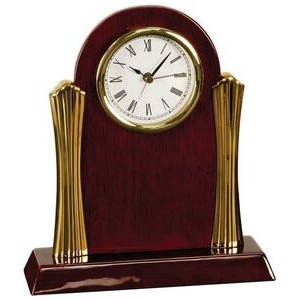 Rosewood Desk Clock w/ Gold Metal Columns - Laser Engraved Plate
