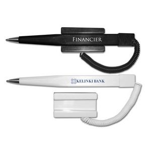 Financier Ballpoint Pen Coil Cord w/Stick-On Base - Blue Ink