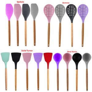 Silicone Cooking Or Serving Utensil With Wooden Handle