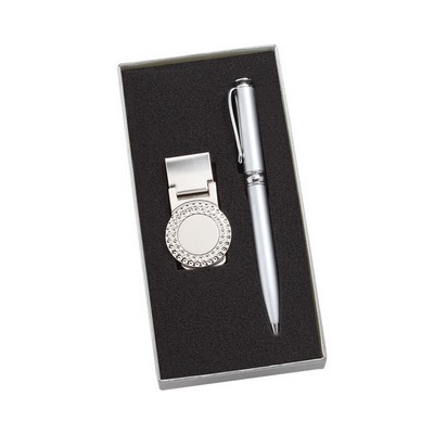 Stocked In US-Golf Metal Money Clip & Silver Brass Ballpoint Pen In Gift Box