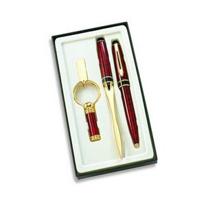 Stocked In US-3 Pcs. Set Red Marble BP Pen, Letter Opener & Key Ring w/Gift Box