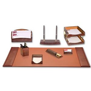 Crocodile Embossed Brown Leather Desk Set (10 Piece)