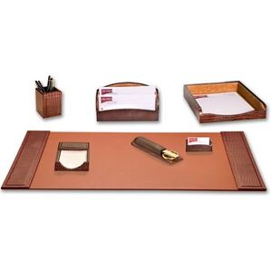 Crocodile Embossed Brown Leather Desk Set (7 Piece)