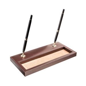 Classic Leather Chocolate Brown Double Pen Stand w/Gold