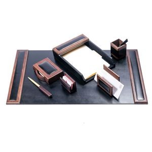 Wood & Leather Walnut Brown Desk Set (7 Piece)