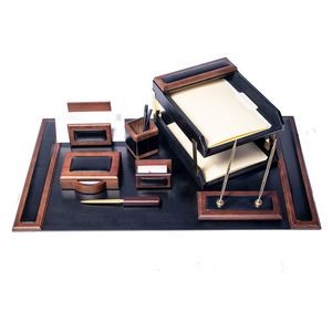 Wood & Leather Walnut Brown Desk Set (10 Piece)
