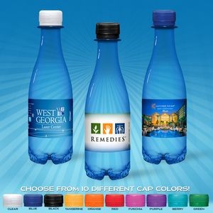 12 oz. Custom Labeled Water in Blue "Glastic" Bottle w/Flat Cap