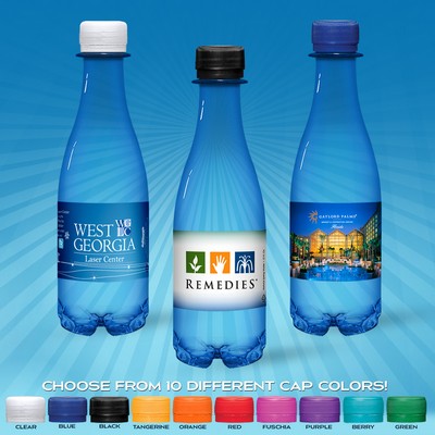 12 oz. Custom Labeled Water in Blue "Glastic" Bottle w/Flat Cap