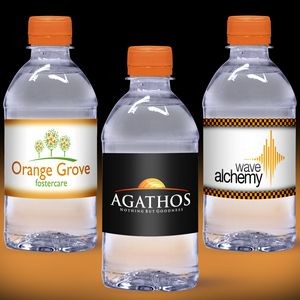 12 oz. Custom Label Water w/Orange Flat Cap - Clear Bottle