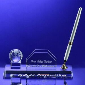 Awards-Business card holder with Globe Pen Set w/Silver Pen.2-3/4 inch high