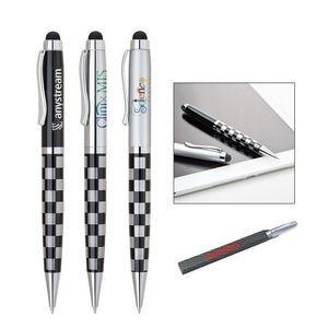 Twist action ballpoint pen with touch screen stylus. Checkered black