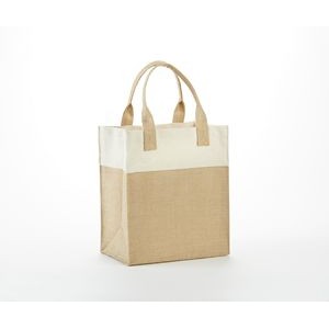 Mini Jute Gift Bag with colored cotton trims and self handles. 11" X 13" X 7"