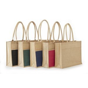 All Natural 2 Tone Jute Burlap Shopping Tote Bag with Large Front Pocket