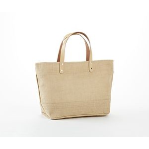 Jute Burlap Tote bag with leather handles, zippered closure and zippered pocket inside