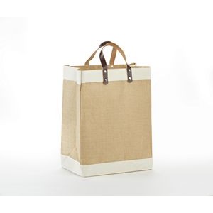 Laminated jute market tote with cotton accents and leather handles - NATURAL