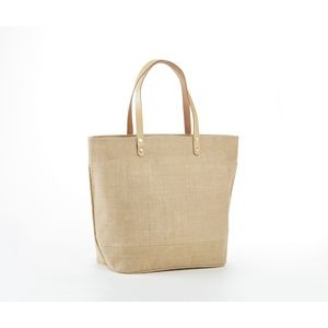 Large Jute Tote bag with leather handles, zippered closure and zippered pocket inside