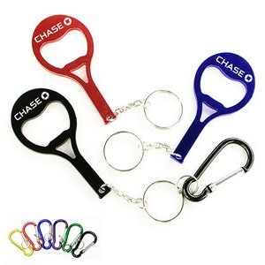 Tennis Racket Shape Aluminum Bottle Opener w/Split Key Ring & Carabiner