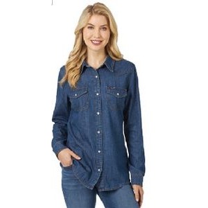 Wrangler® Women's Dark Denim Blue Long Sleeve Western Snap Denim Shirt