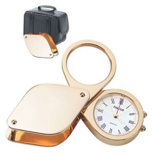Travel Alarm Clock w/Magnifying Glass in Leather Case