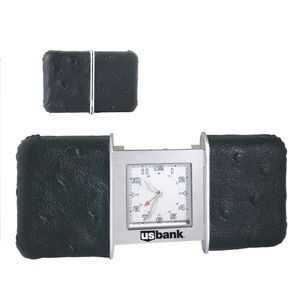 Sliding Travel Alarm Clock w/Black Leather Case