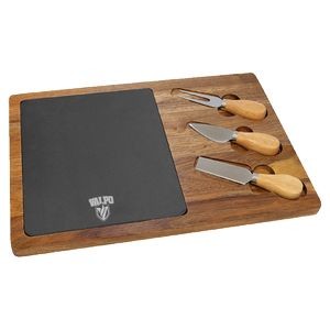 Flair Rectangle Acacia Wood & Slate Cutting Board w/3 Tool Cheese Set