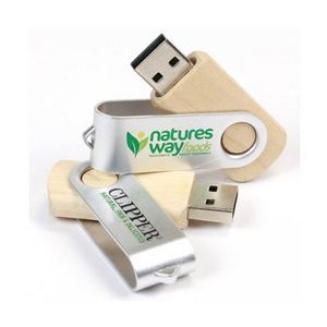 256 MB Wooden Swivel USB Flash Drive W/ Metal Band