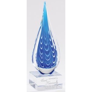 Blue and White Tear Drop Art Glass on Clear Glass Base, 10