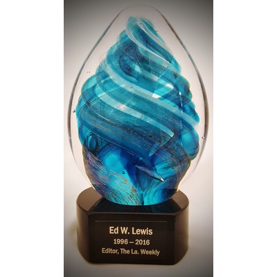 Blue Swirl Art Glass on Black Crystal Base, 6"