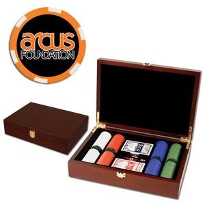 Poker chips set with Mahogany wood case - 200 Full Color 6 Stripe chips