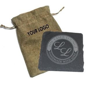 Square Slate Coaster (Single Pack) In Burlap Pouch