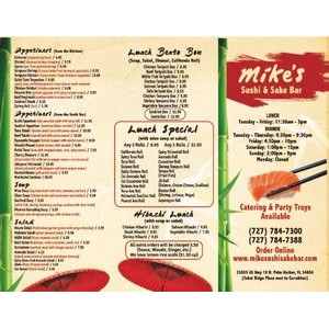 SINGLE USE MENUS on lite weight 80lg gloss paper 14" x 8.5", Full Color
