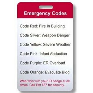 Hospital Emergency Code Card
