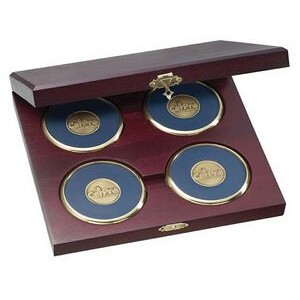 4 Round Solid Brass Coasters w/Cherry Wood Presentation Case