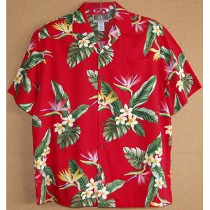 Hawaiian Tropical Print 100% Rayon Red Shirt