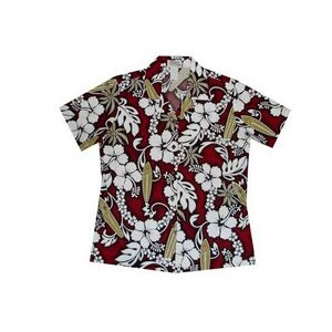 Ladies Red Hawaiian Cotton Poplin Shirt w/ Button Front & Short Sleeve
