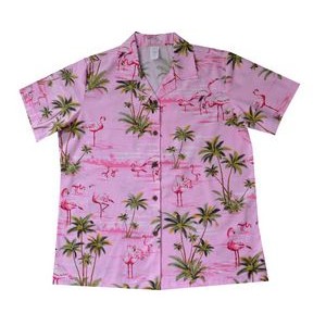 Ladies Pink Hawaiian Print Cotton Short Sleeve Shirt