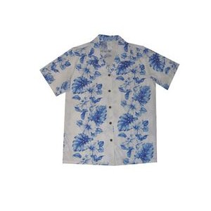 Ladies White/Navy Hawaiian Print Cotton Short Sleeve Shirt