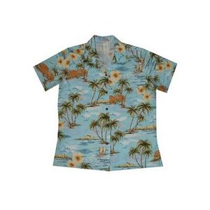 Ladies Blue Hawaiian Cotton Poplin Shirt w/ Button Front & Short Sleeves