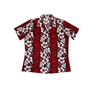 Ladies Red Hawaiian Cotton Poplin Shirt w/ Button Front & Short Sleeves