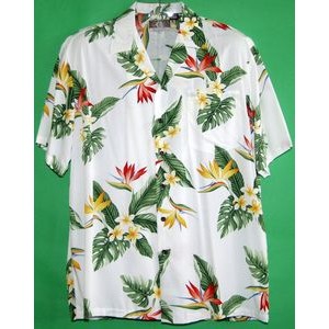 Hawaiian Tropical Print 100% Rayon White Shirt