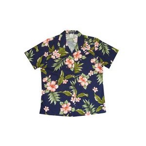 Ladies NAVY/CORAL Hawaiian Print Cotton Short Sleeve Shirt